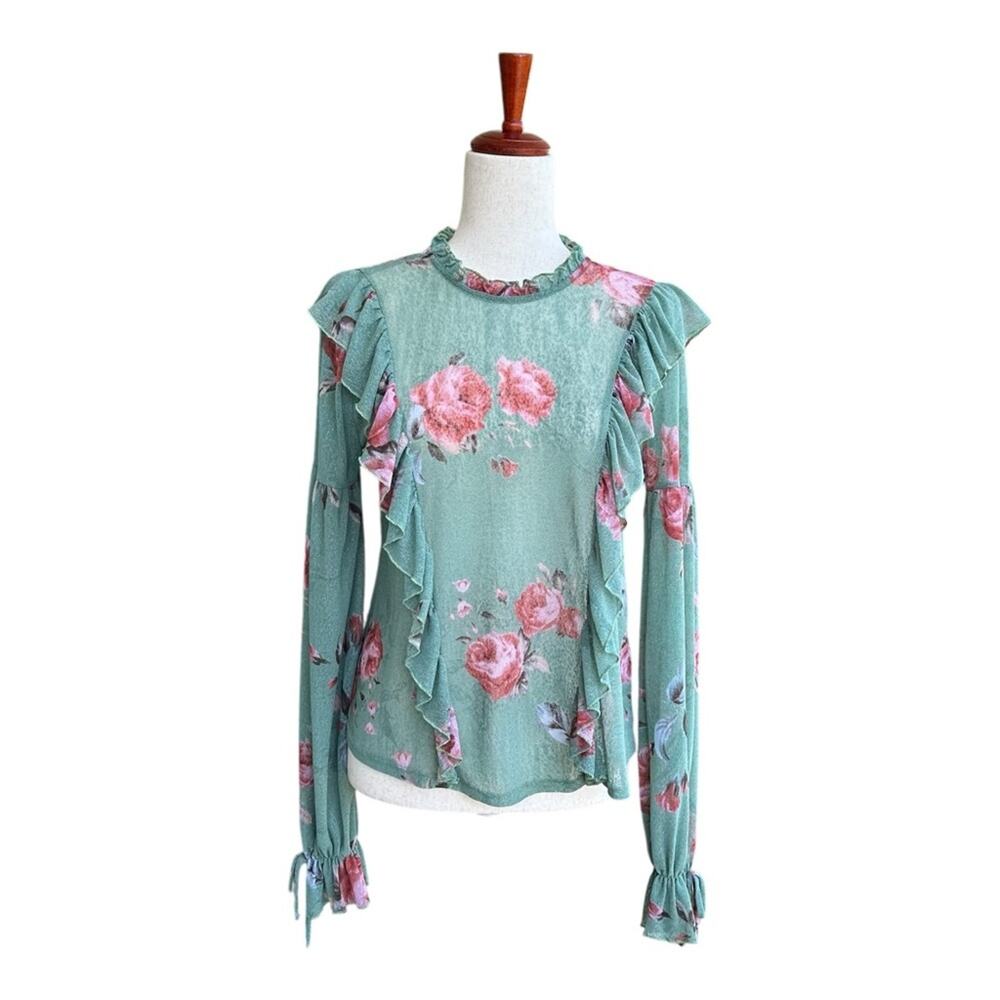 Know.One.Cares Green Top Floral Ruffle Long Sleeve Semi Sheer Shirt Couquette S - Picture 11 of 13